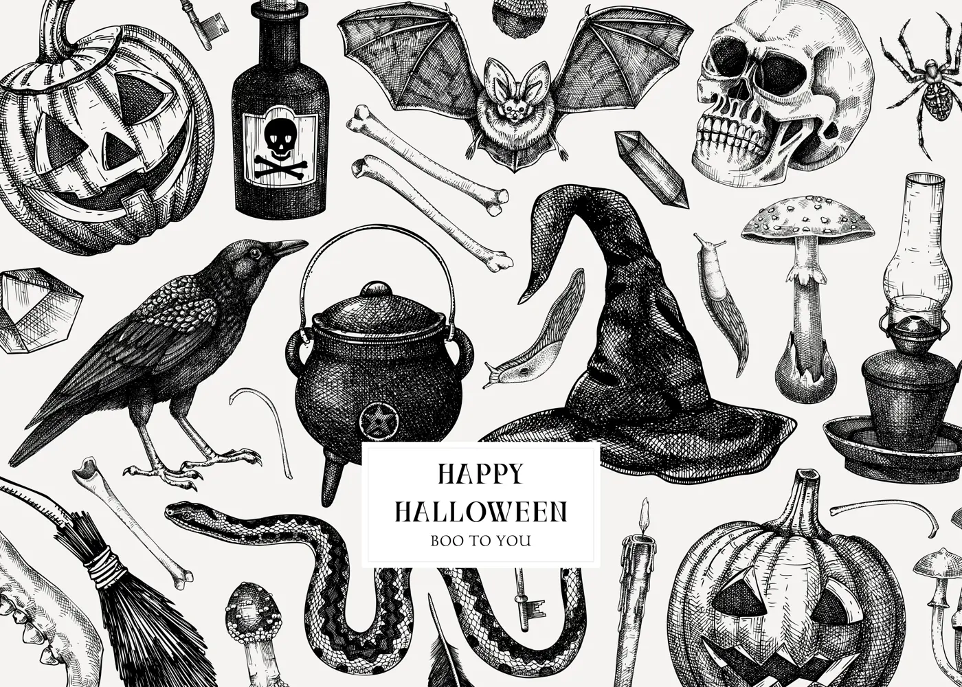 Halloween background. Hand drawn vector illustration. Skulls, bones, pumpkin, poisonous mushrooms, snakes, raven, witch hat sketches. Autumn holiday design. Vintage Halloween party invitation card Illustration